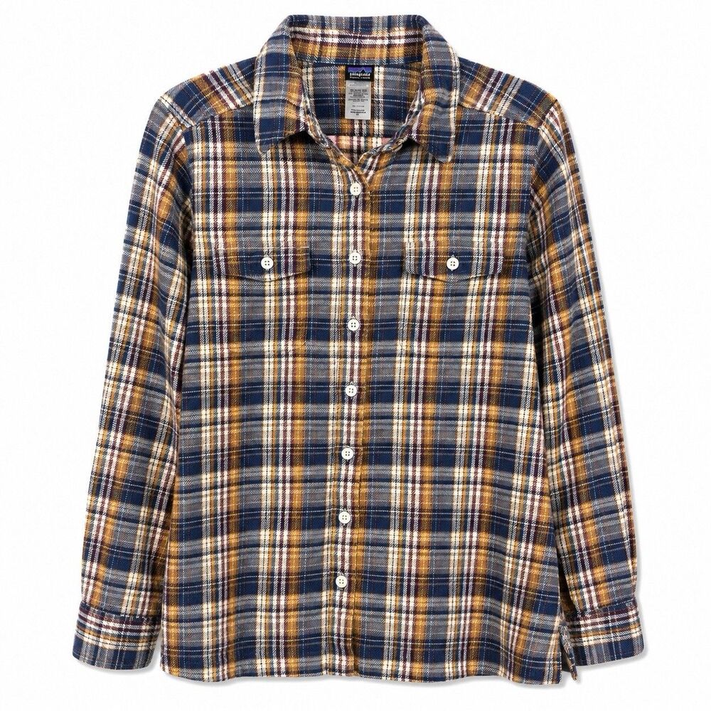 Patagonia Women Small Organic Cotton Plaid Flannel Shirt Blue Mustard Button Up